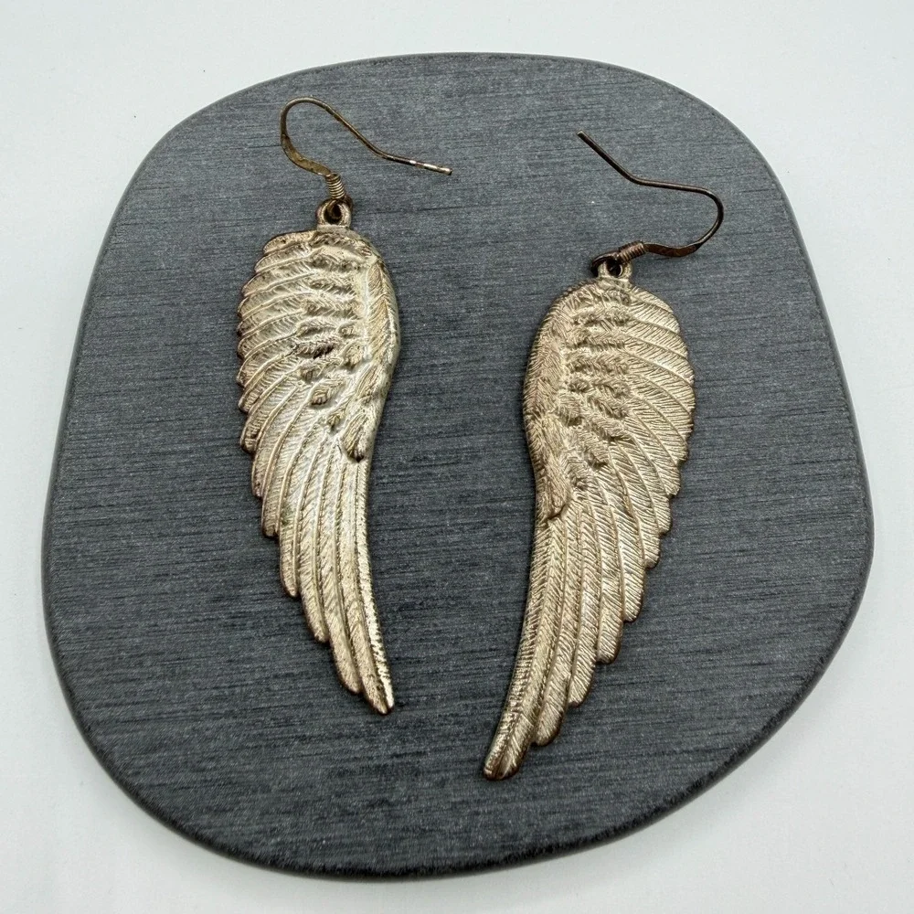 Gold Tone Angel Wing Feather Long Dangle Drop Earrings Boho Statement Jewelry